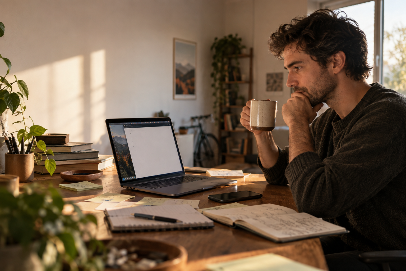 A software builder pauses with coffee beside a blank daily note and scattered notebooks